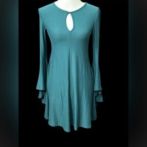 Planet Gold Green Teal A-Line Bell Sleeve Dress Retro Boho Stretch Size Small